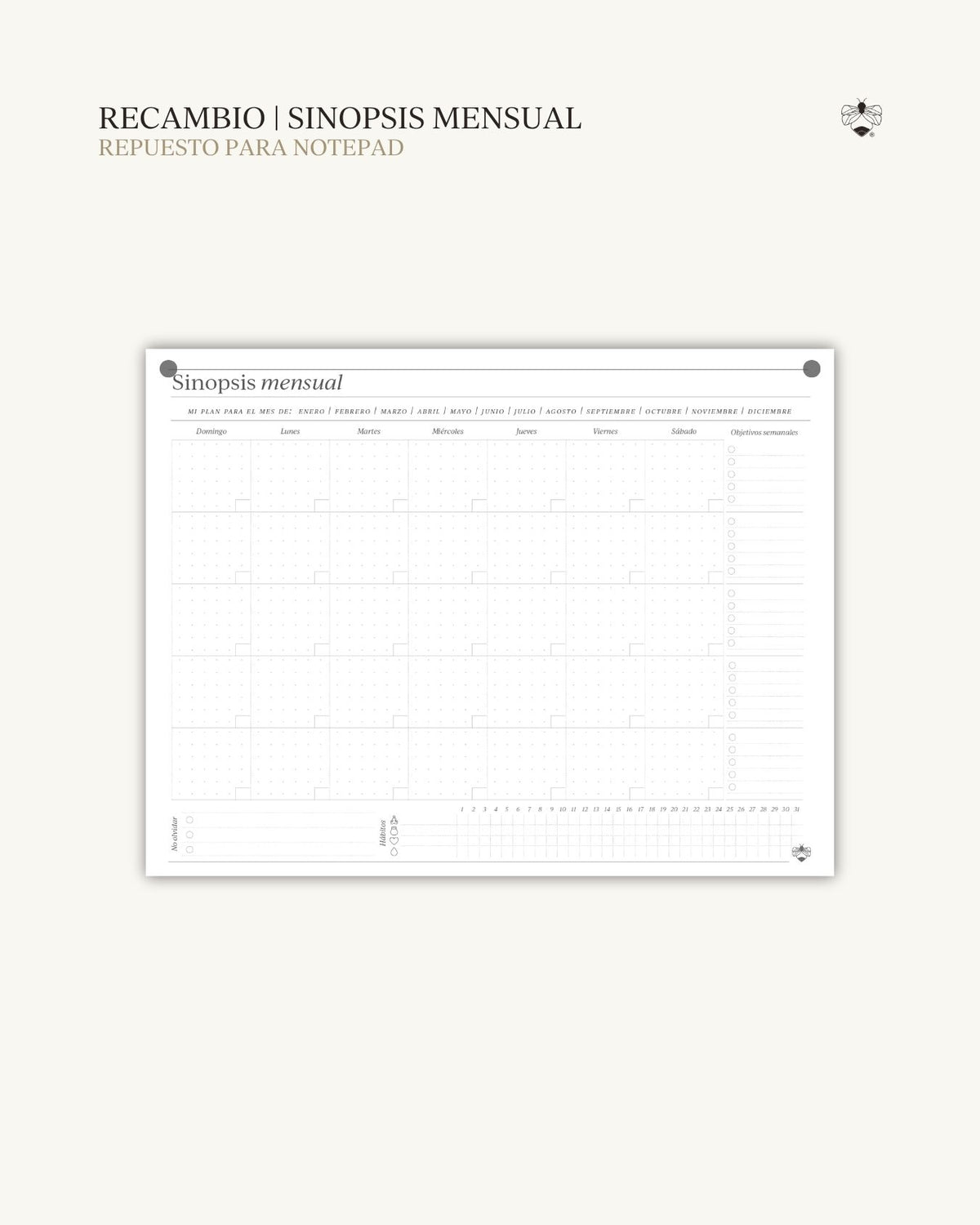 Recambio Sinopsis: bloc de planificación mensual para Notepad Prosa