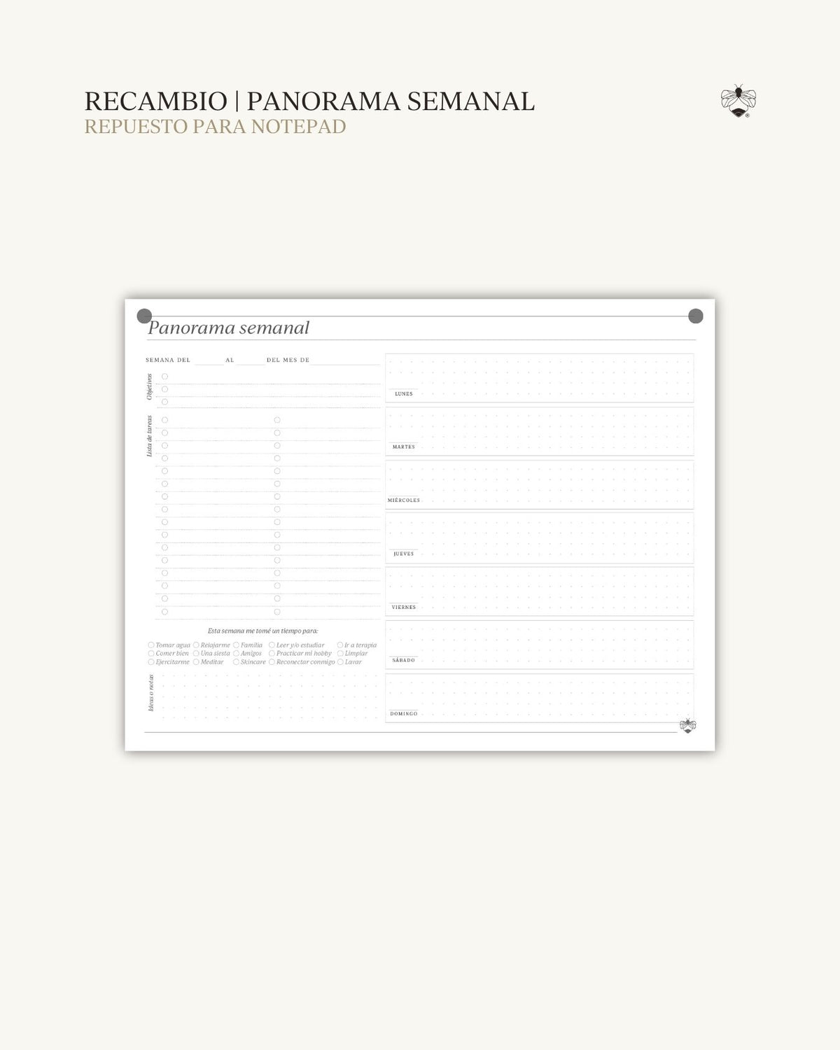 Recambio Panorama: bloc de planificación semanal para Notepad Prosa